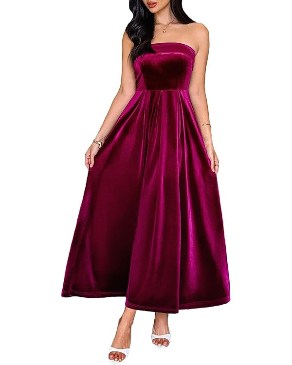 ECDAHICC Womens Tube Sleeveless Velvet Cocktail Dresses High Waist Party Maxi Wedding Guest Ruche... | Amazon (US)