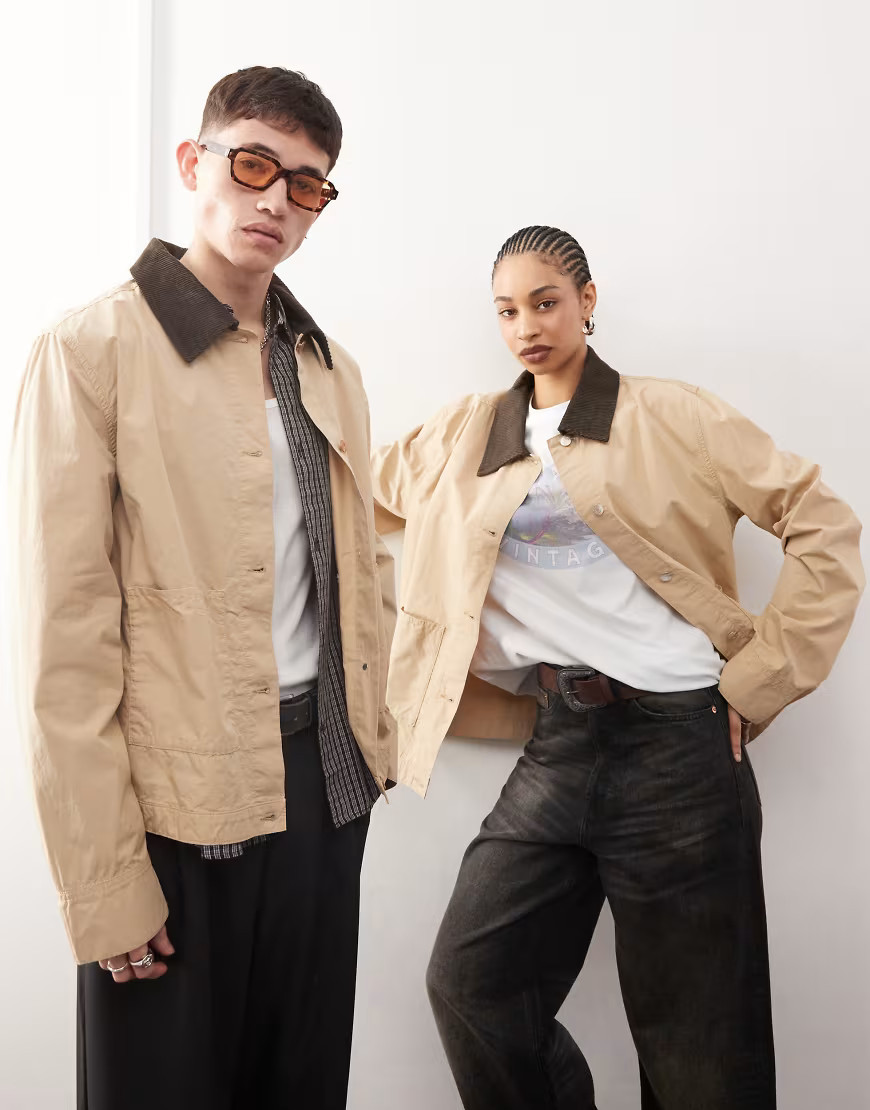 Reclaimed Vintage unisex harrington overshirt jacket in beige-Neutral | ASOS (Global)