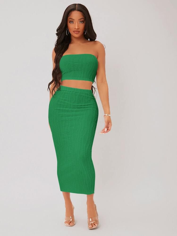 SHEIN SXY Textured Crop Tube Top & Pencil Skirt Set | SHEIN