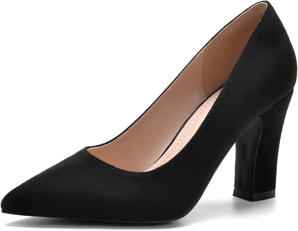 BUEUPU Women's Chunky High Heels Closed Pointed Toe Pumps Dress Office Shoes for Women | Amazon (US)