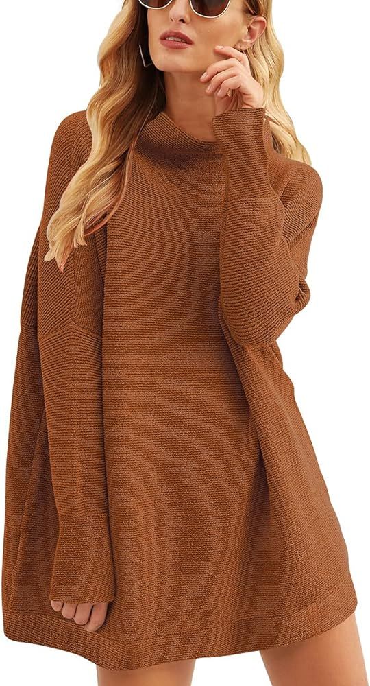 Women 2023 Fall Casual Turtleneck Batwing Sleeve Slouchy Oversized Ribbed Knit Tunic Sweaters Pul... | Amazon (US)
