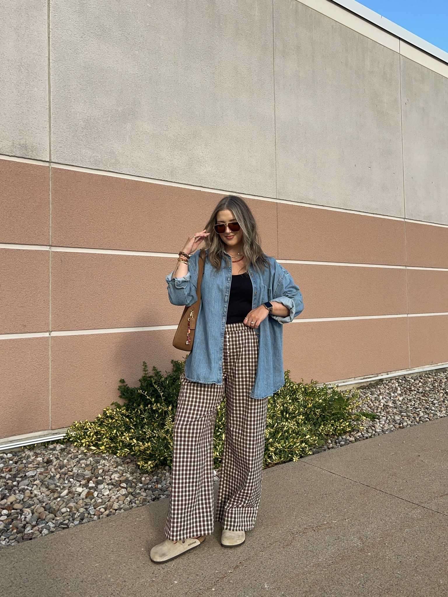 Early fall ootd! Plaid pants are so comfy & lightweight, wearing M. Wearing L in the basic black tank, should have done M. Also wearing L in the denim shirt - one of my most worn closet staples! Canadian Old Navy links are under “similar products”. I’m a 9.5-10 shoe and wear a 40 in the Birkenstock clogs

#LTKfall #LTKmidsize #LTKsale
