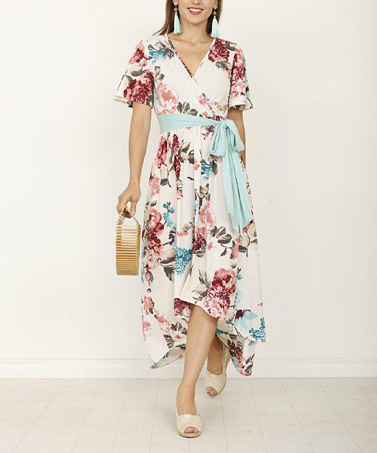 egs by eloges Women's Maxi Dresses High - Ivory & Mint Sash Hi-Low Dress - Women | Zulily