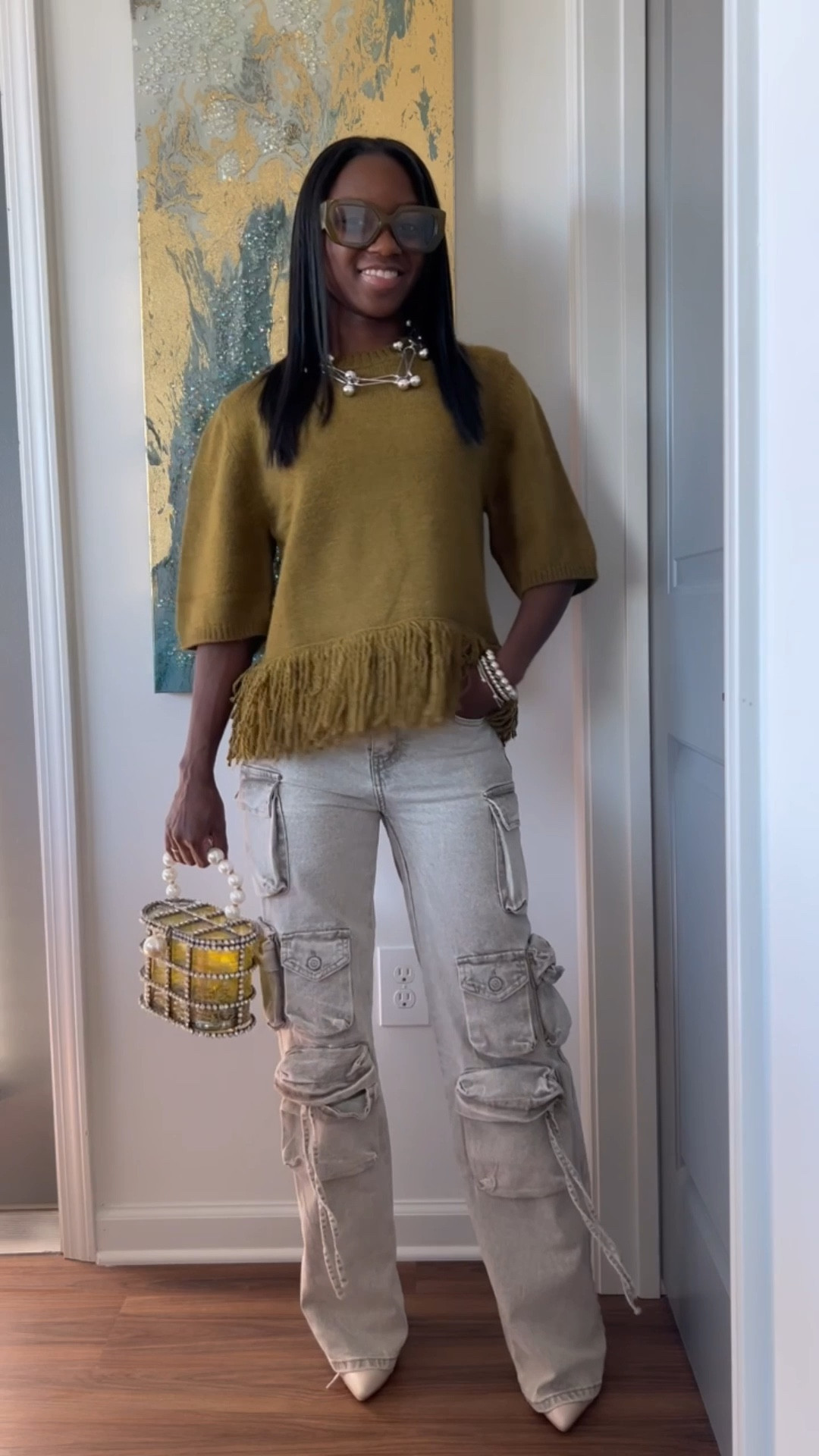 Fall outfit ideas. Olive green H&M Fringe sweater Ross Dress For Less Cargo jeans shein boots and purse/glasses from Amazon

#LTKootd #LTKFindsUnder50 #LTKgrwm