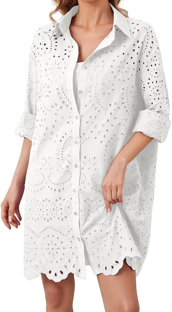 Womens Embroidery Eyelet Long Button Down Shirts Loose Fit Long Sleeve Collared Mini Shirt Dress ... | Amazon (US)