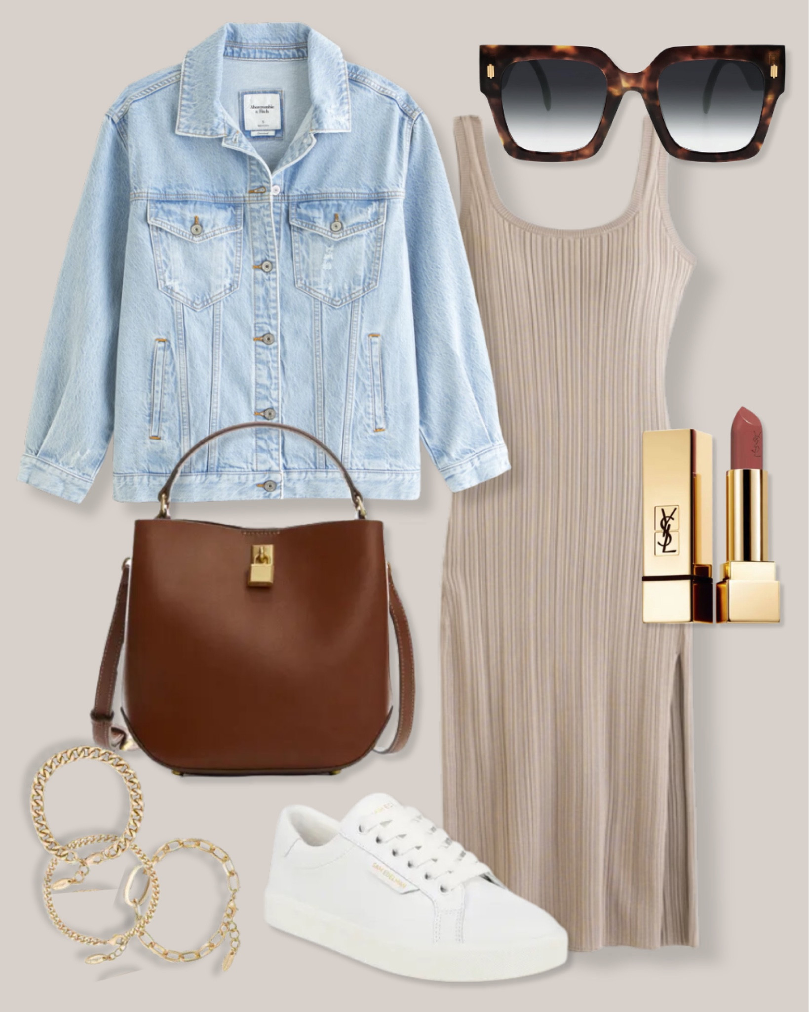 Light wash denim jacket
Beige dress
Beige tank dress
Brown bag
Pink lipstick
Gold bracelets 
White sneakers
Tortoise sunglasses 

#LTKfindsunder100 #LTKstyletip #LTKSeasonal