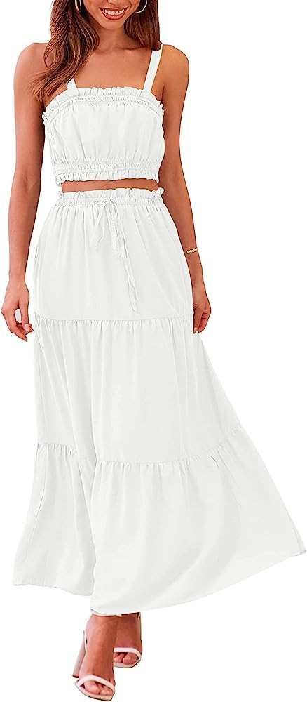 MEROKEETY Women Matching 2 Piece Dress 2 Piece Skirt Set White Maxi Skirt Set Skirt And Top Set  | Amazon (US)