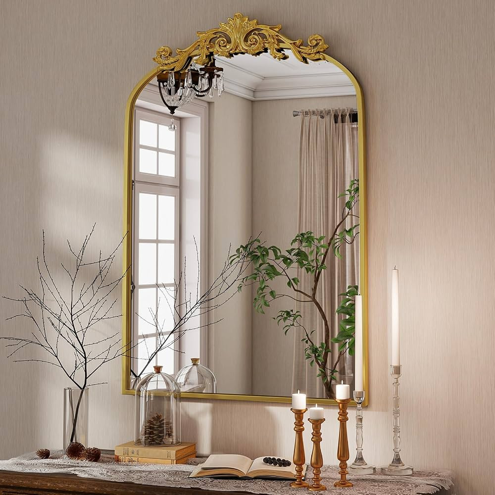 Vintage Arched Bathroom Mirror, 24x36 Inch Retro Wall Mounted Vanity Mirror with Carved Pattern T... | Amazon (US)