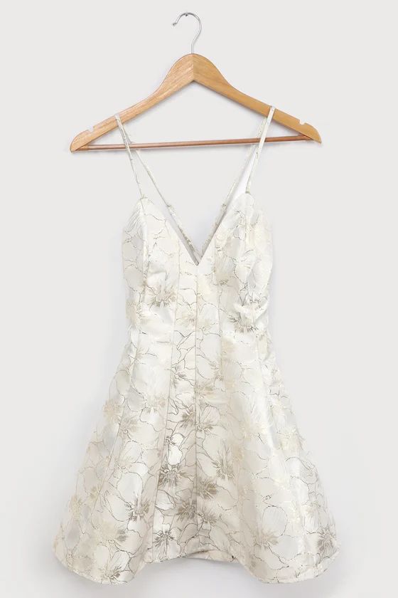 Shining Brightly Ivory and Gold Floral Jacquard Mini Dress | Lulus (US)