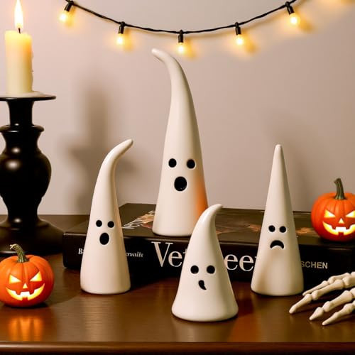 Pawliss Halloween Decor Ceramic Ghost: 4 pcs Cute Halloween Decorations Indoor, Rustic Witch Hat Shape Ghost Figurine, Farmhouse Table Desk Tiered Tray Mantel Fireplace Decor for Kids Home Office | Amazon (US)