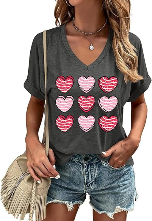 Valentines V Neck T-Shirt for Women Love Heart Short Sleeve Tee Casual Couple Tops Blouse | Amazon (US)