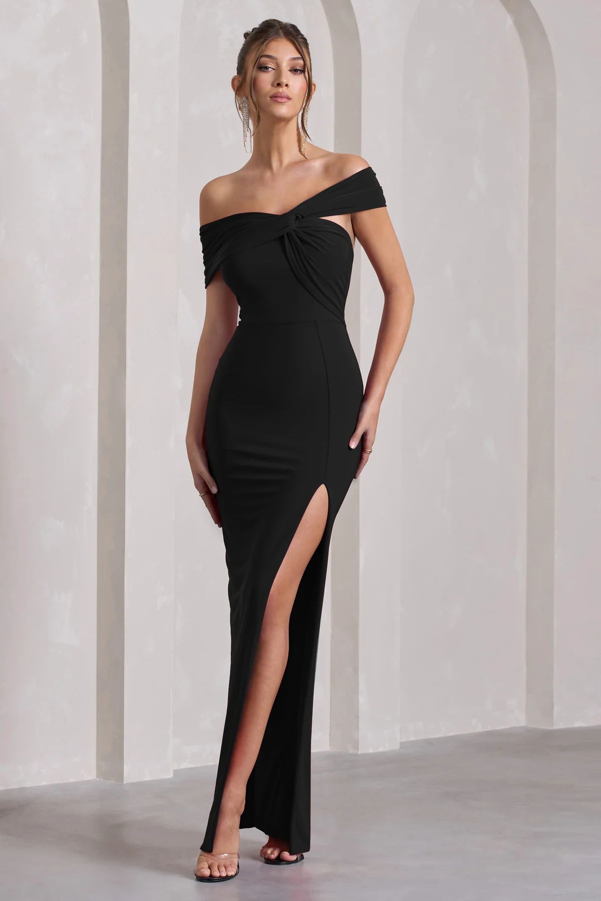 Kara | Black Asymmetric Twisted Bardot Split Maxi Dress | Club L London