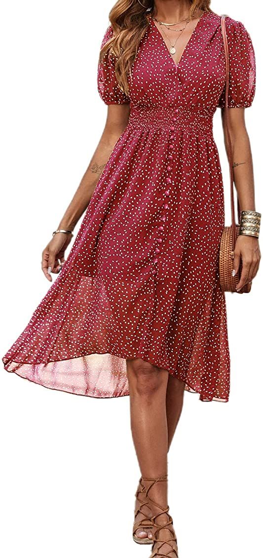 PRETTYGARDEN Women's Floral Wrap V-Neck Midi Dress Short Sleeve Boho Summer Beach Long Dress High Lo | Amazon (US)