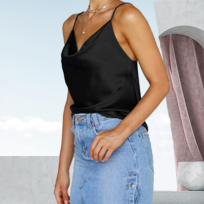 Miessial Women's Spaghetti Straps V Neck Satin Camisole Sleeveless Soft Tank Tops | Amazon (US)