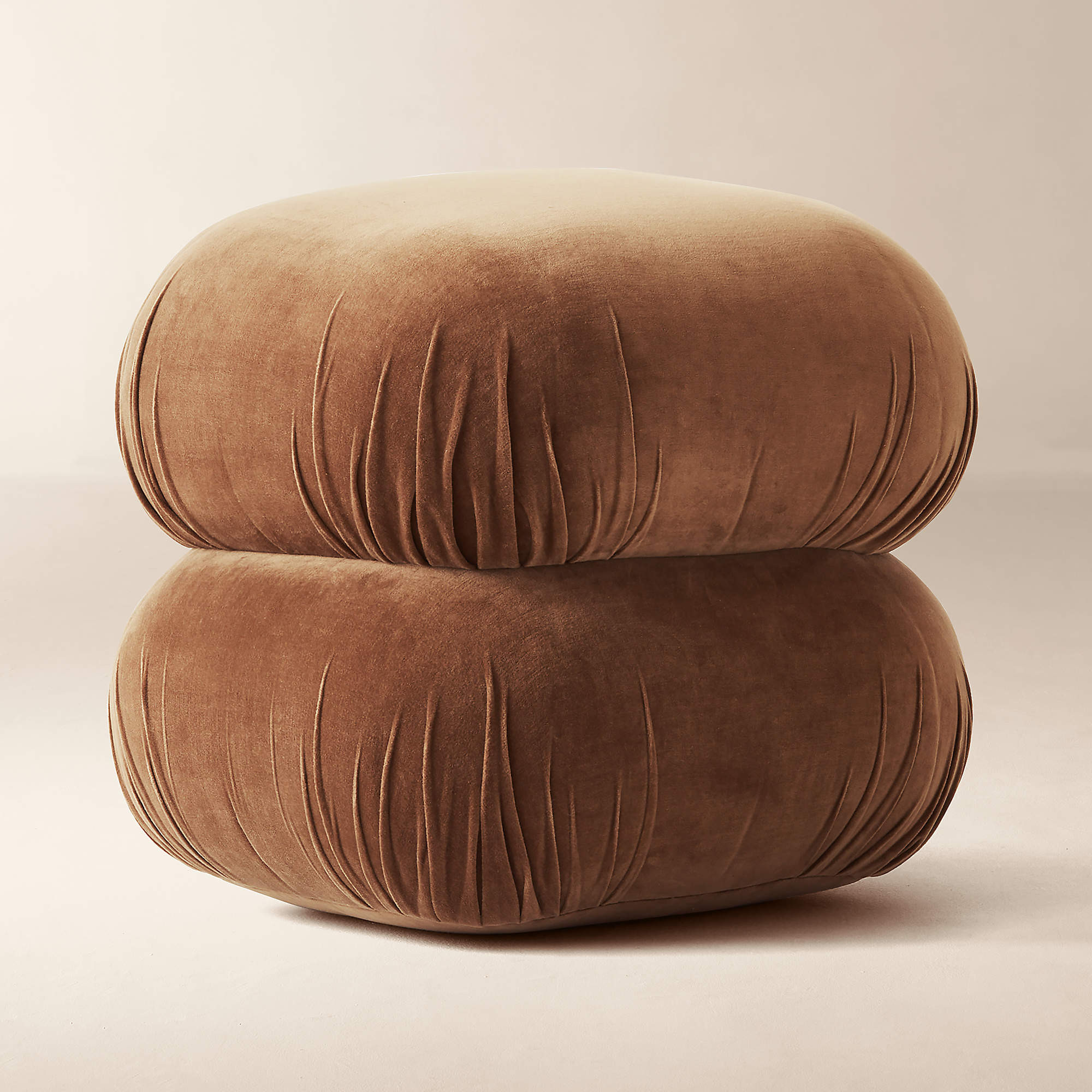 Ruched Dark Beige Velvet Pouf + Reviews | CB2 | CB2