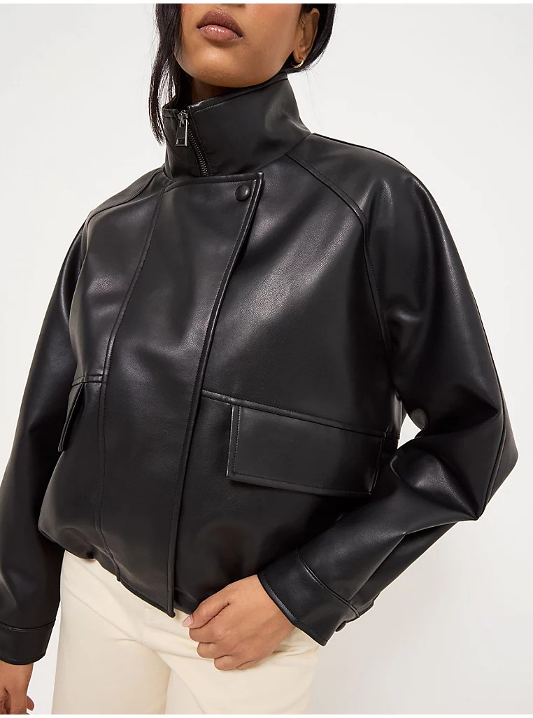 Black Leather Look Funnel Neck Bomber Jacket | George