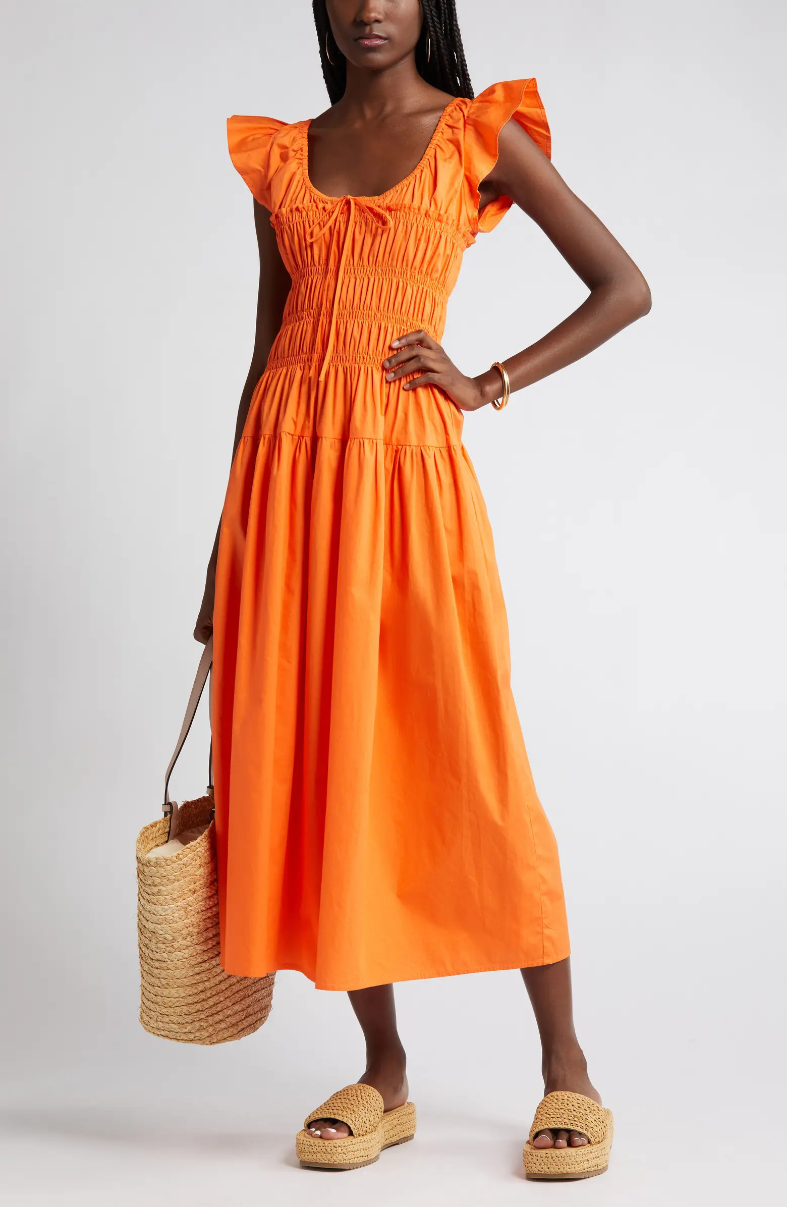 MOON RIVER Smocked Bodice Cotton Midi Dress | Nordstrom | Nordstrom