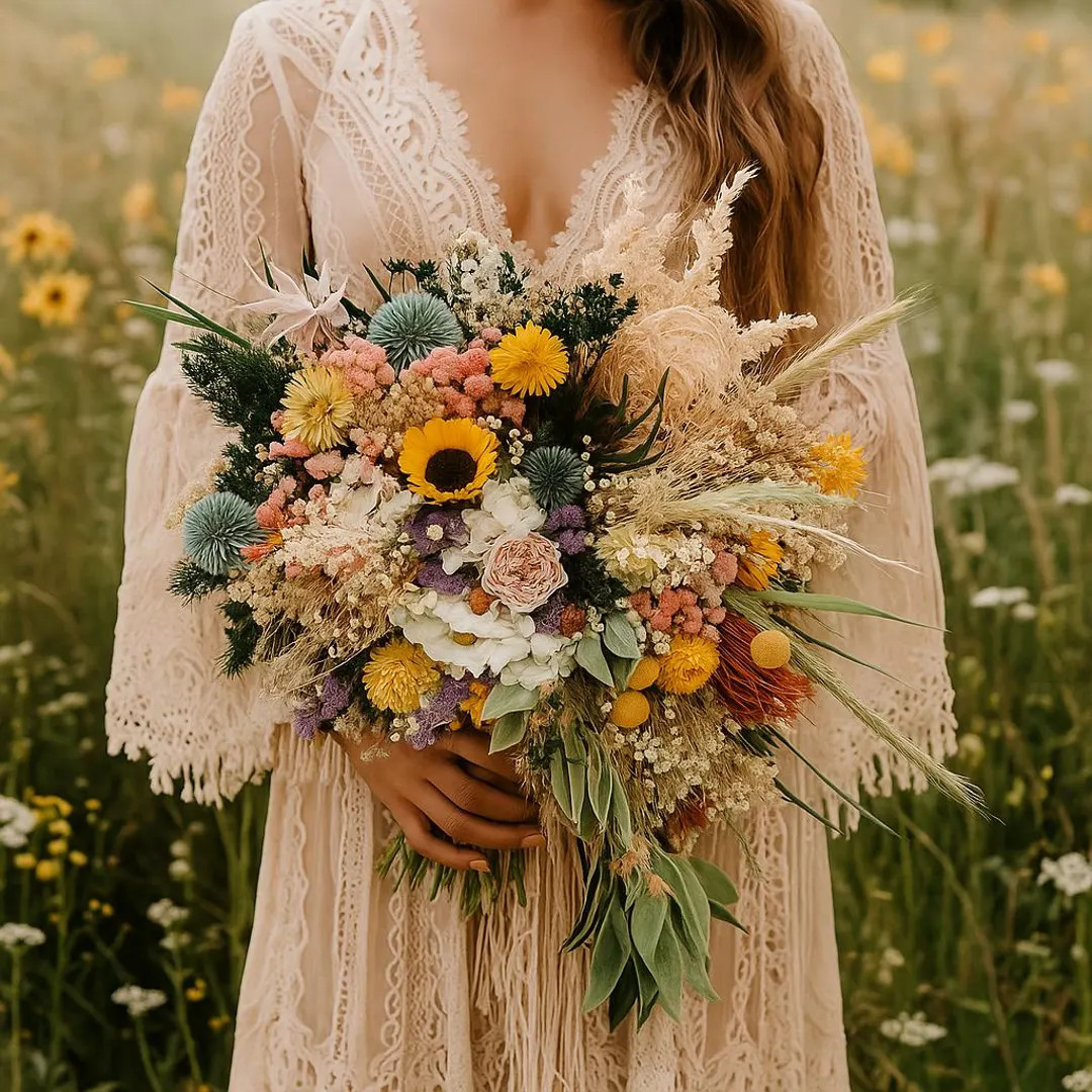 Cascading Bridal Bouquet With Sunflowers & Meadow Dried Flowers, Wedding Bouquets, Floral Arragen... | Etsy (US)