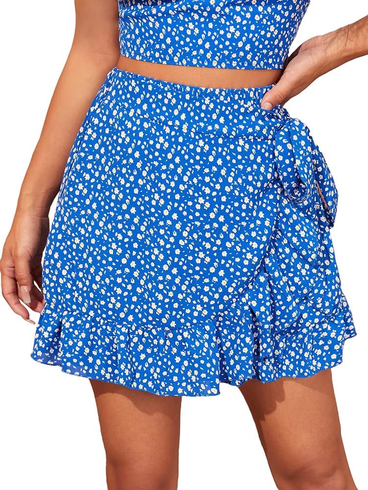 MakeMeChic Women's Boho Floral Print Elastic Waist Ruffle Wrap Tie Skorts Skirt Skorts | Amazon (US)