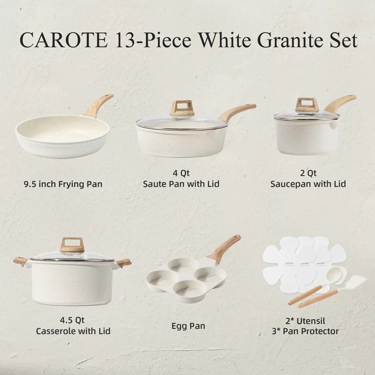 Carote Nonstick Pots and Pans Set, 13 Pcs Granite Kitchen Cookware Sets (White) | Walmart (US)