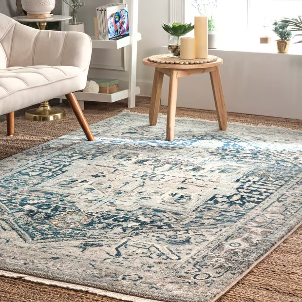 Dark Blue Fringed Medallion Area Rug | Rugs USA