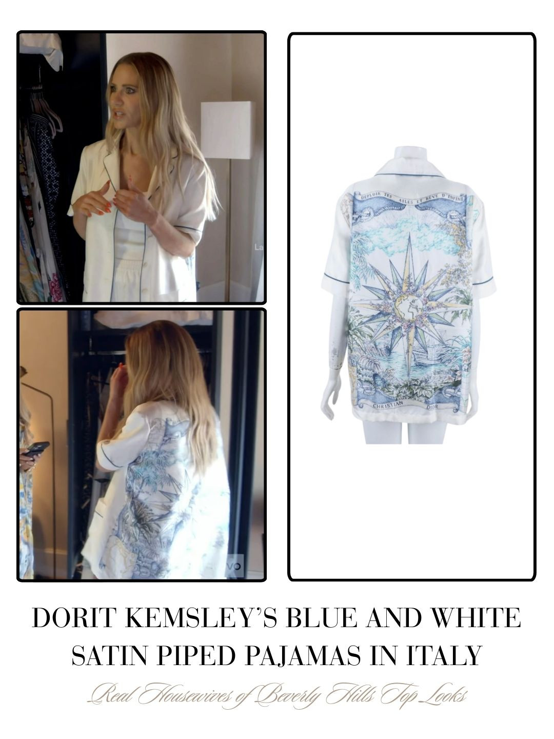 Dorit Kemsley's White and Blue Satin Printed Back Pajama Shirt in Italy 

 