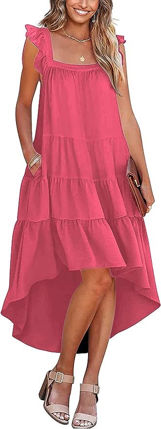 KIRUNDO Women 2023 Summer Sleeveless Ruffle High Low Square Neck Midi Dress Loose Fit Pleated Flo... | Amazon (US)