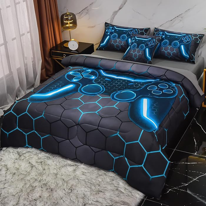6Pcs Game Console Comforter Set with Sheets for Boys Girls Kids Teens, Geometric Gaming Themed Be... | Amazon (US)