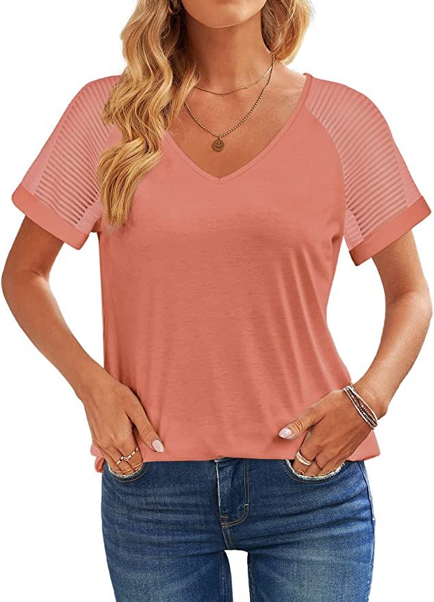 WEESO Casual V Neck T Shirts for Women Mesh Short Sleeve Dressy Tops | Amazon (US)