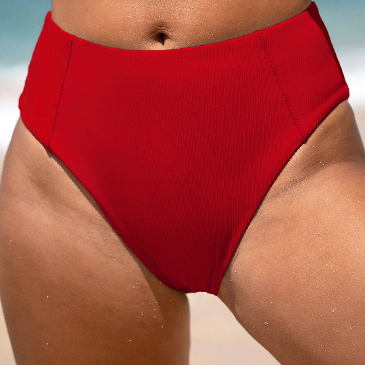 Red Ribbed Seam Full Coverage Bikini Bottom & Reviews - Red,Cyan - Sustainable Bikinis | BERLOOK | BERLOOK