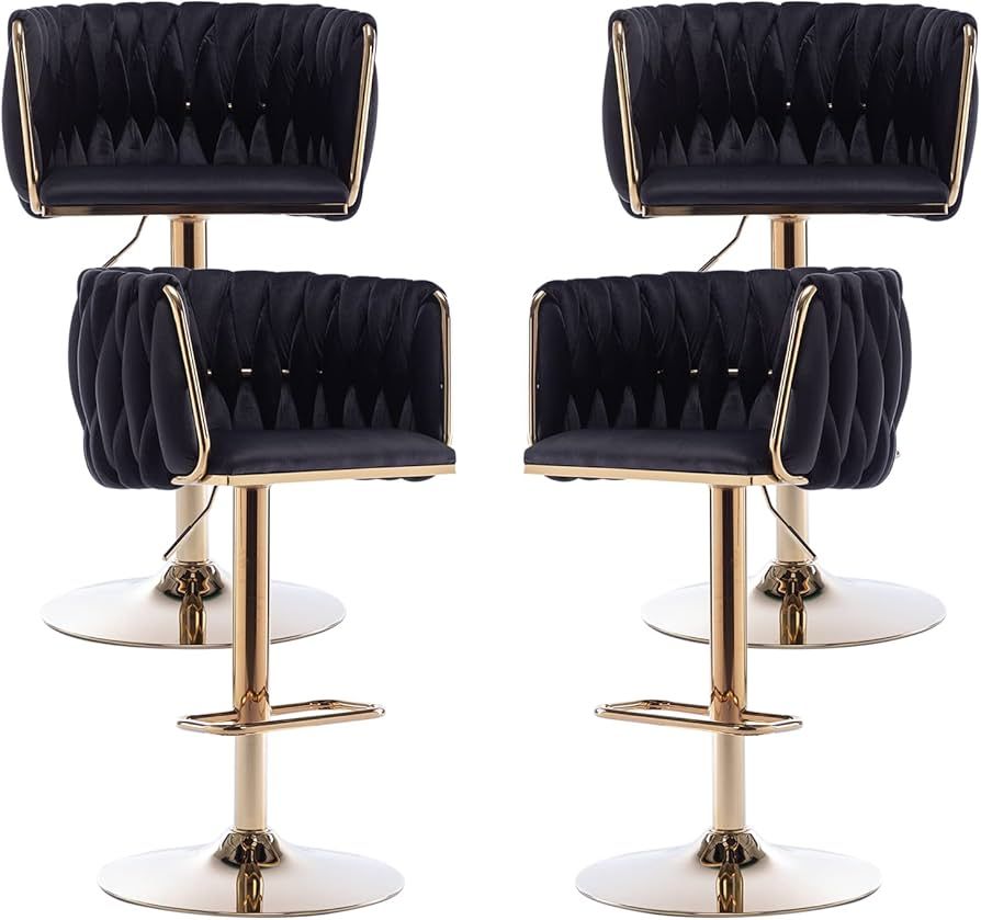 Tsuysi Velvet Bar Stools Set of 4, Swivel Counter Height Bar Stool with Woven Back, Gold Kitchen ... | Amazon (US)