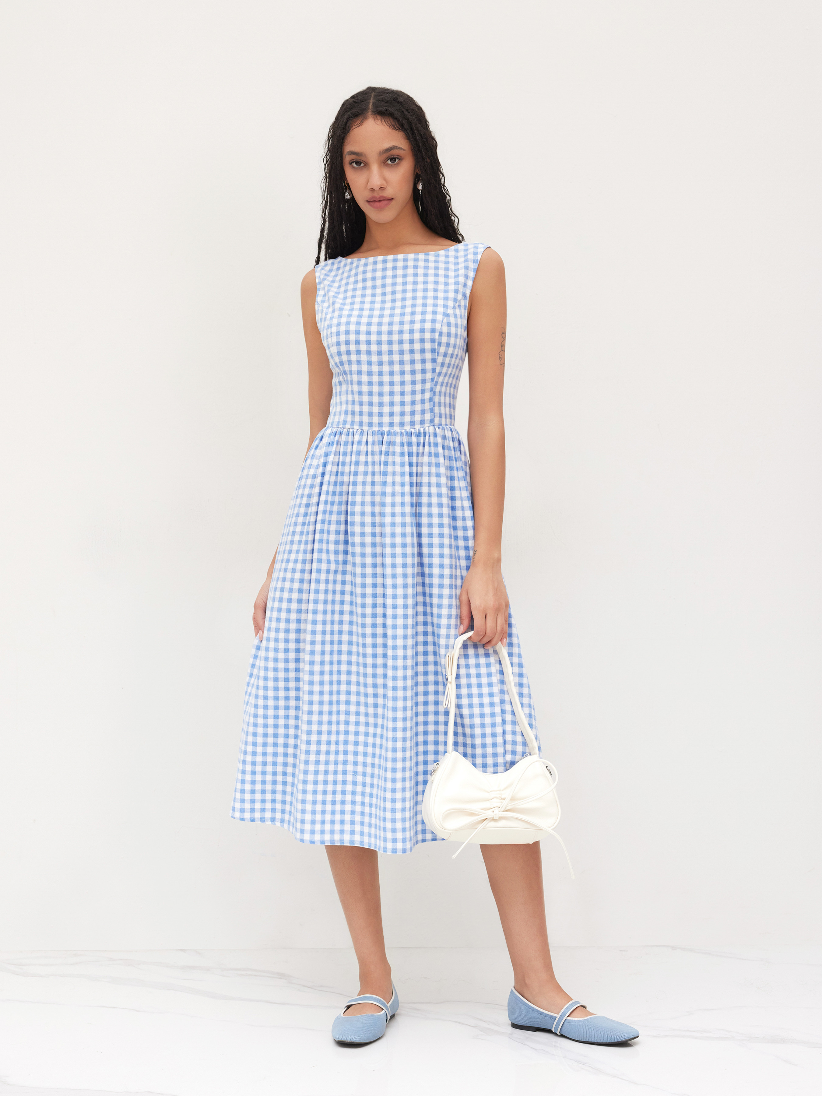 Valentine Woven 100% Cotton Boat Neck Gingham Backless Bowknot Ruffle Midi Dress For Date | Cider