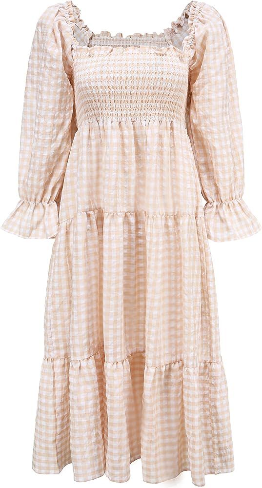 R.Vivimos Women's Summer Cotton Plaid Puff Sleeves Bow Casual Off-Shoulder Boho Midi Dress | Amazon (US)