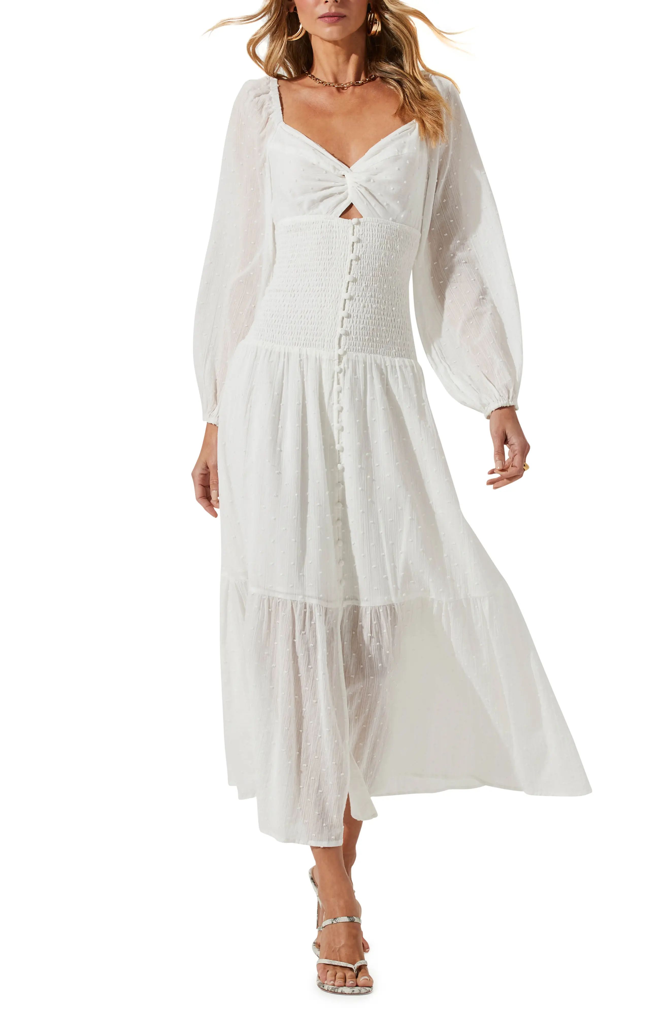 ASTR the Label Twist Bust Long Sleeve Midi Dress in White at Nordstrom, Size Large | Nordstrom