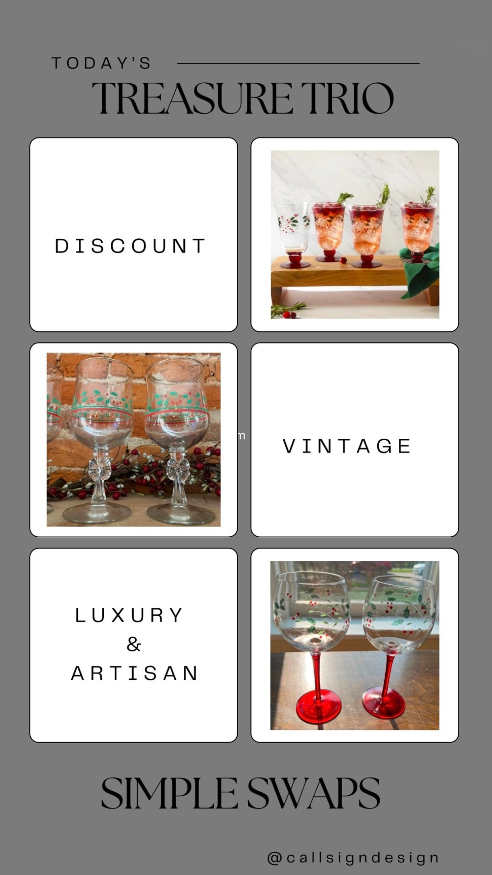 Check out these festive holiday glasses we rounded up! The perfect touch of timeless elegance and nostalgia for any table set up! 🎄❤️

#Christmas #ChristmasDecor #WhiteChristmas #TraditionalChristmas #VintageChristmas #CallSignDesign #Vintage #Luxury #InteriorDesign #InteriorDecorating #Elegance #Chandelier #OldWorldCharm #DesignStyle #CastleCore #OldWorldCharm  #SimpleSwaps