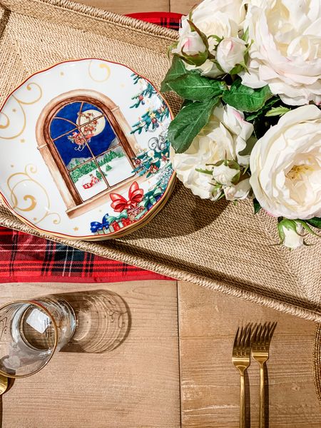 Christmas dishes
Christmas plates
Christmas decor.
Holiday party
Christmas party
Christmas dinner
Red plaid tartan.
Gold rimmed glasses
Woven rectangle tray
Gold flatware
Williams Sonoma 
‘‘Twas the night before christmas
Dinnerware
Dishware
Woven rectangle tray


#LTKSeasonal #LTKhome #LTKHoliday