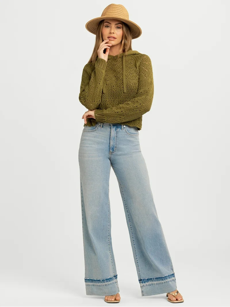 Jessica Simpson Women's Mikaela Pointelle Hoodie Sweater with Long Sleeves, Lightweight, Sizes XS... | Walmart (US)