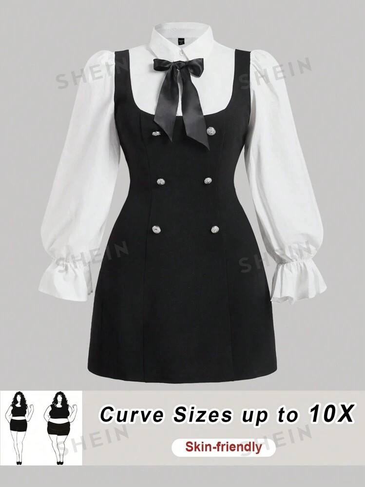 SHEIN CURVE+ Plus Size Bow Front Flounce Sleeve 2 In 1 Dress | SHEIN