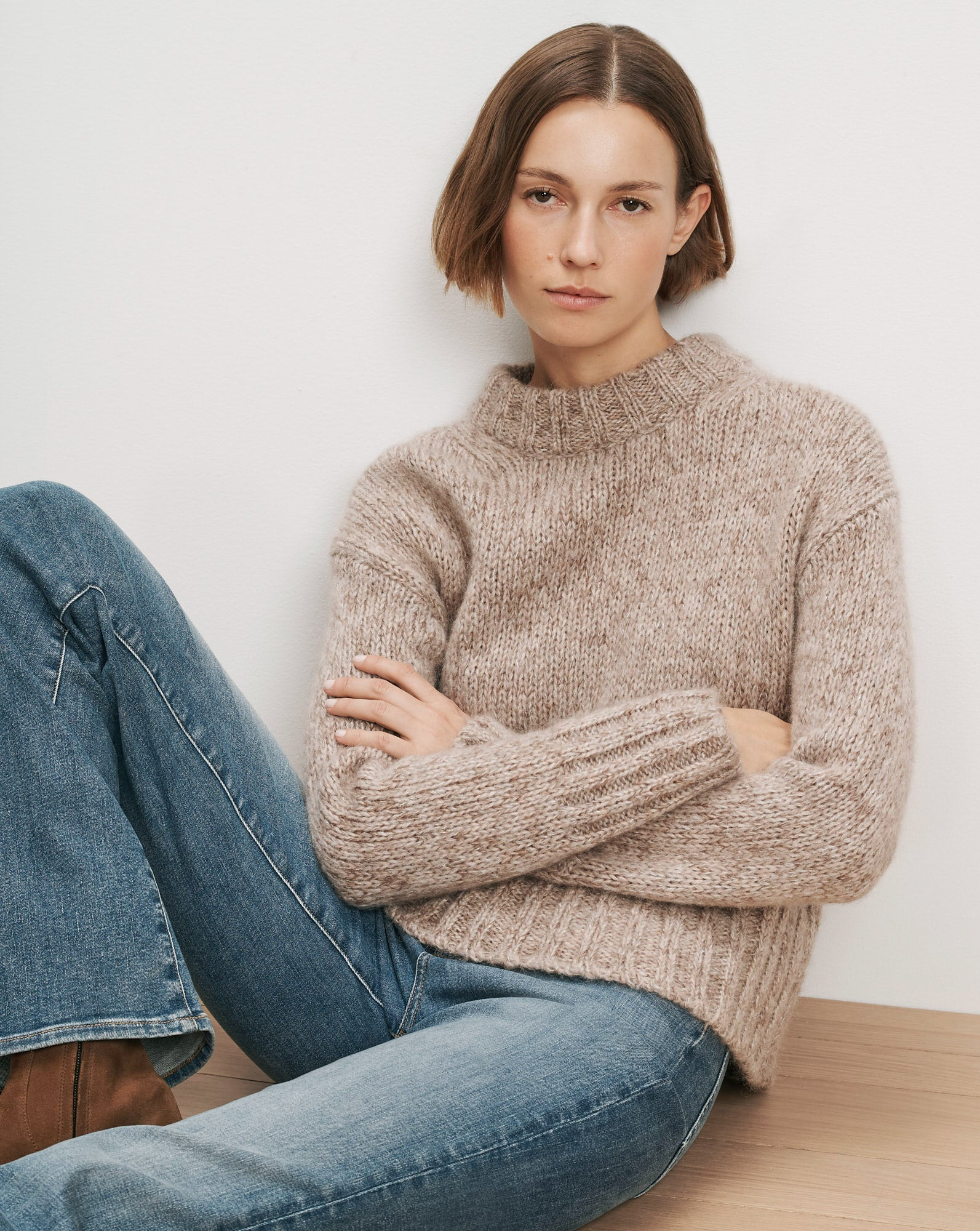 Andi Mock-Neck Sweater in Marled Oatmeal Mohair | Veronica Beard | Veronica Beard
