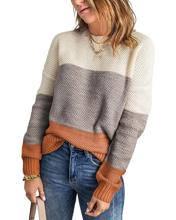 Dokotoo Womens Color Block Sweaters Long Sleeve Crewneck Pullover Knit Jumper Tops | Amazon (US)