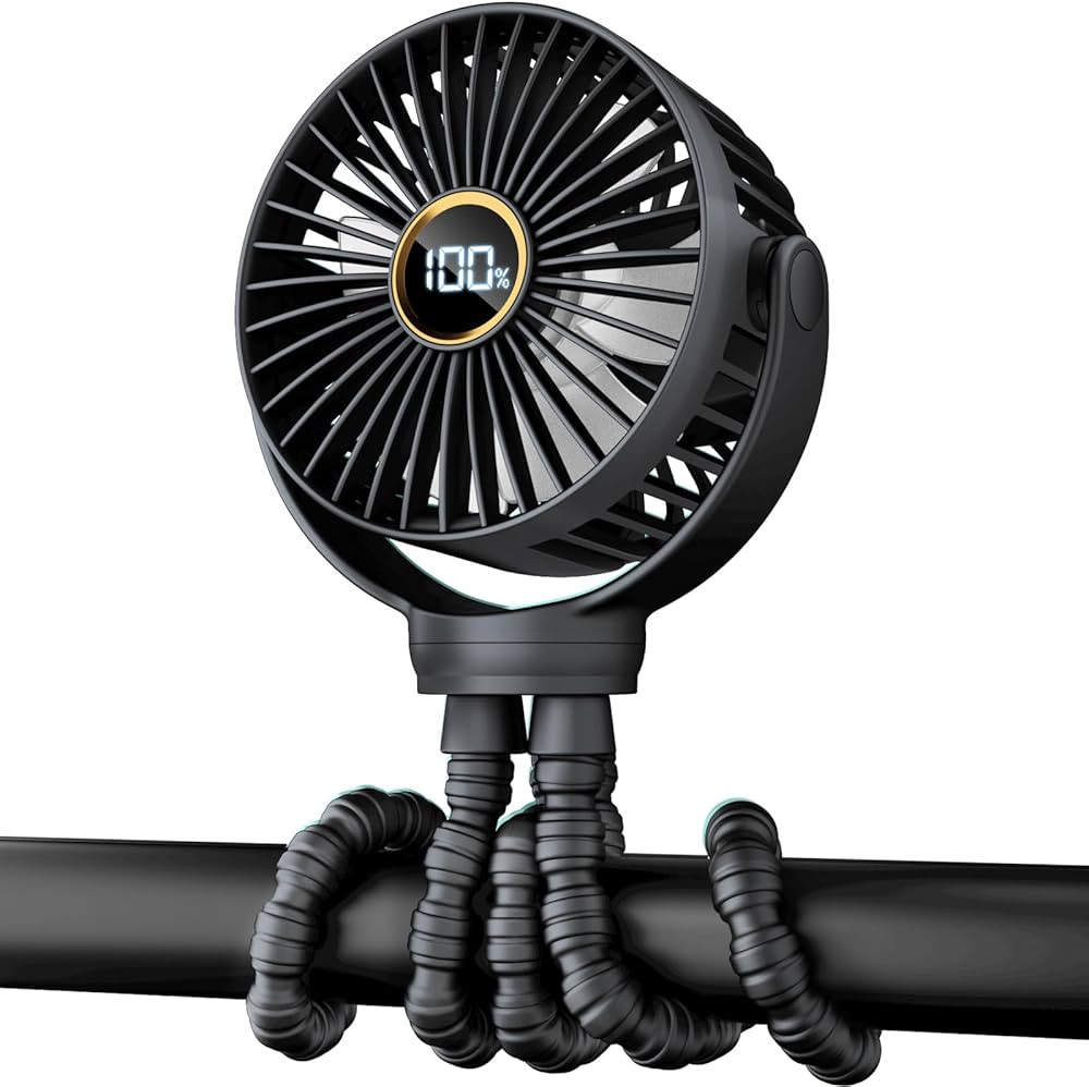 Portable Stroller Mini Fan, Small Rechargeable Personal Cooler w/ 360° Rotation, 3-Speed, Displa... | Amazon (US)