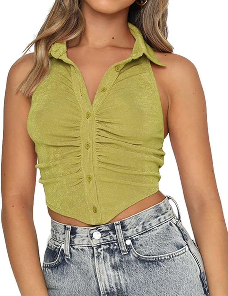 Umenlele Women's Button Down Backless Collar Halter Crop Top Sleeveless Cami Tank | Amazon (US)