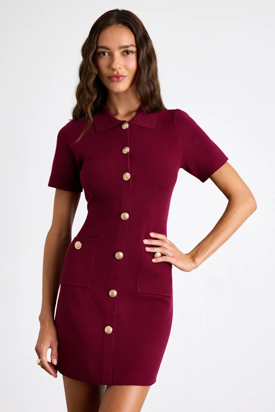 Posh Outcome Wine Red Short Sleeve Sweater Mini Dress | Lulus