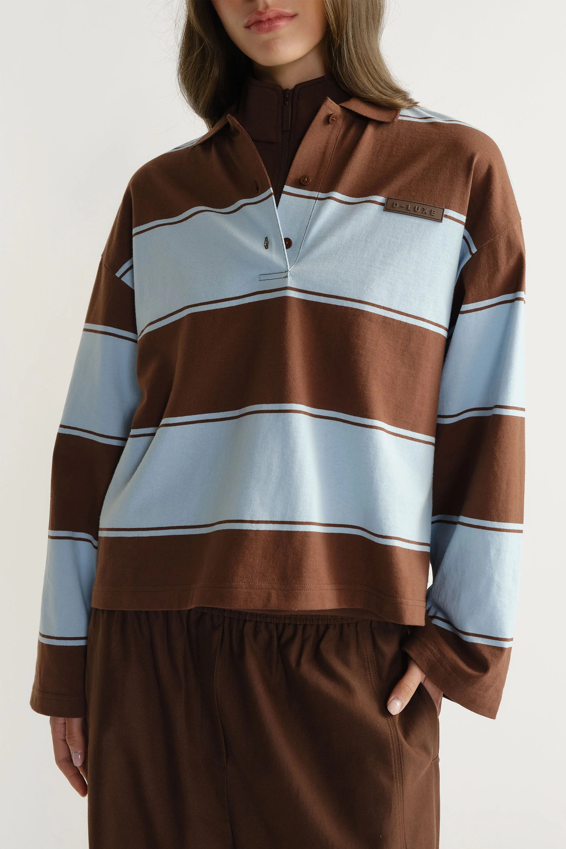 D-Luxe Stripe Polo - Walnut/Blue | DECJUBA