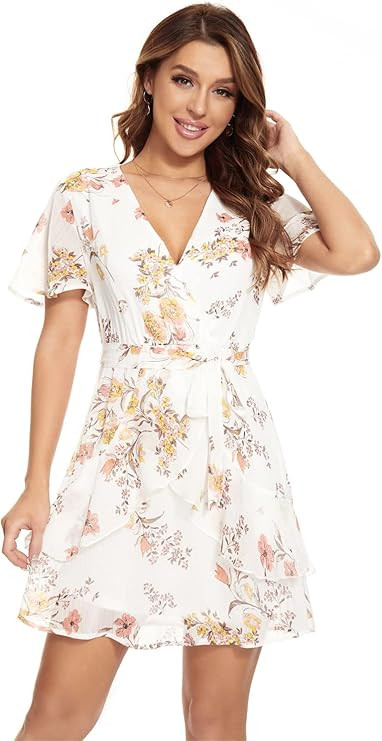 UGUEST Women's Summer Chiffon Short Sleeve Ruffle Dress, V Neck Party Wedding Guest Mini Dress wi... | Amazon (US)