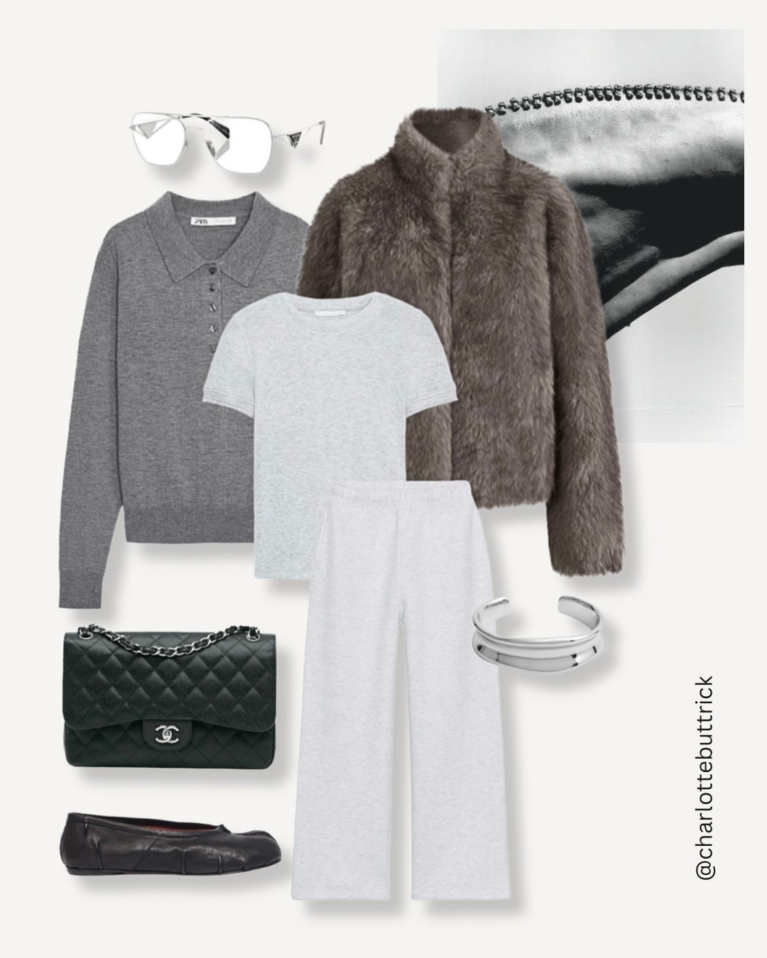 Modern minimal faux fur short jacket winter outfit  - a great chic travel outfit 

Zara fleece lined jogging bottoms, grey basic t-shirt and polo knit
Fabrique faux fur coat grey
Chanel classic flap
Cos silver cuff
Tabi ballet flats
Prada aviator symbole glasses 



#LTKwinter #LTKuk #LTKtravel