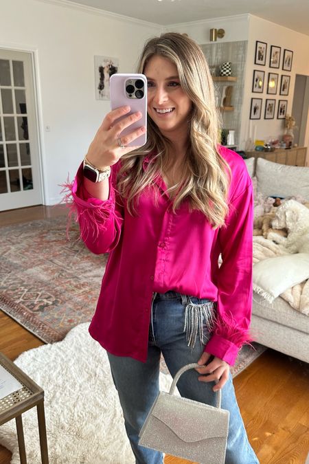Hot pink too satin too long sleeve feathers feather sleeve top silky satin hot pink Valentine’s Day Valentine’s Day outfit jeans with sequins 
Girly outfit Valentine’s Day hot pink outfit date night Amazon top

#LTKunder50 #LTKstyletip #LTKFind
