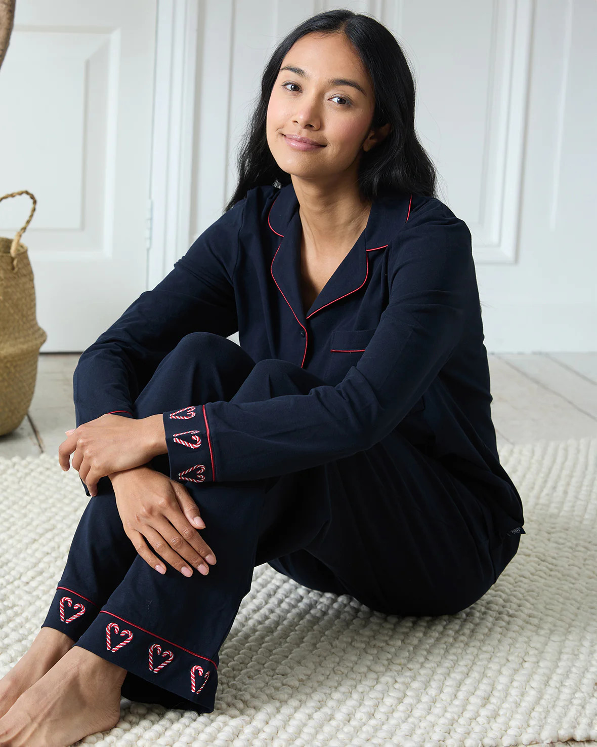Organic Cotton Embroidered Christmas Candy Cane Heart Pyjama Set | Chelsea Peers NYC