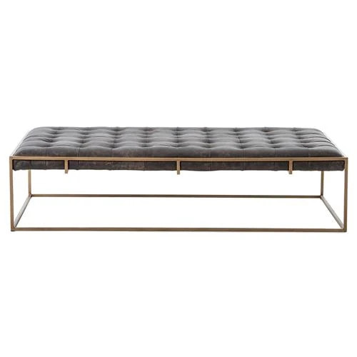 Ulysses Industrial Loft Tufted Leather Brass Rectangular Coffee Table - 63W | Kathy Kuo Home