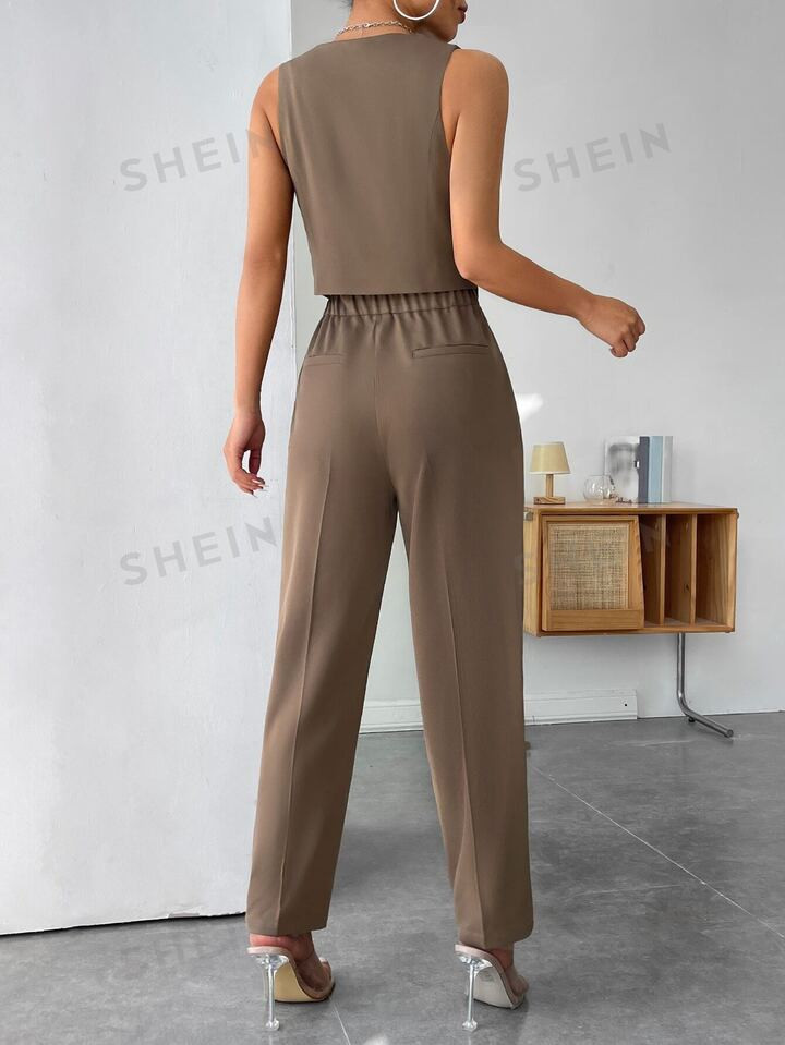 SHEIN PETITE Button Front Vest Jacket & Pants | SHEIN